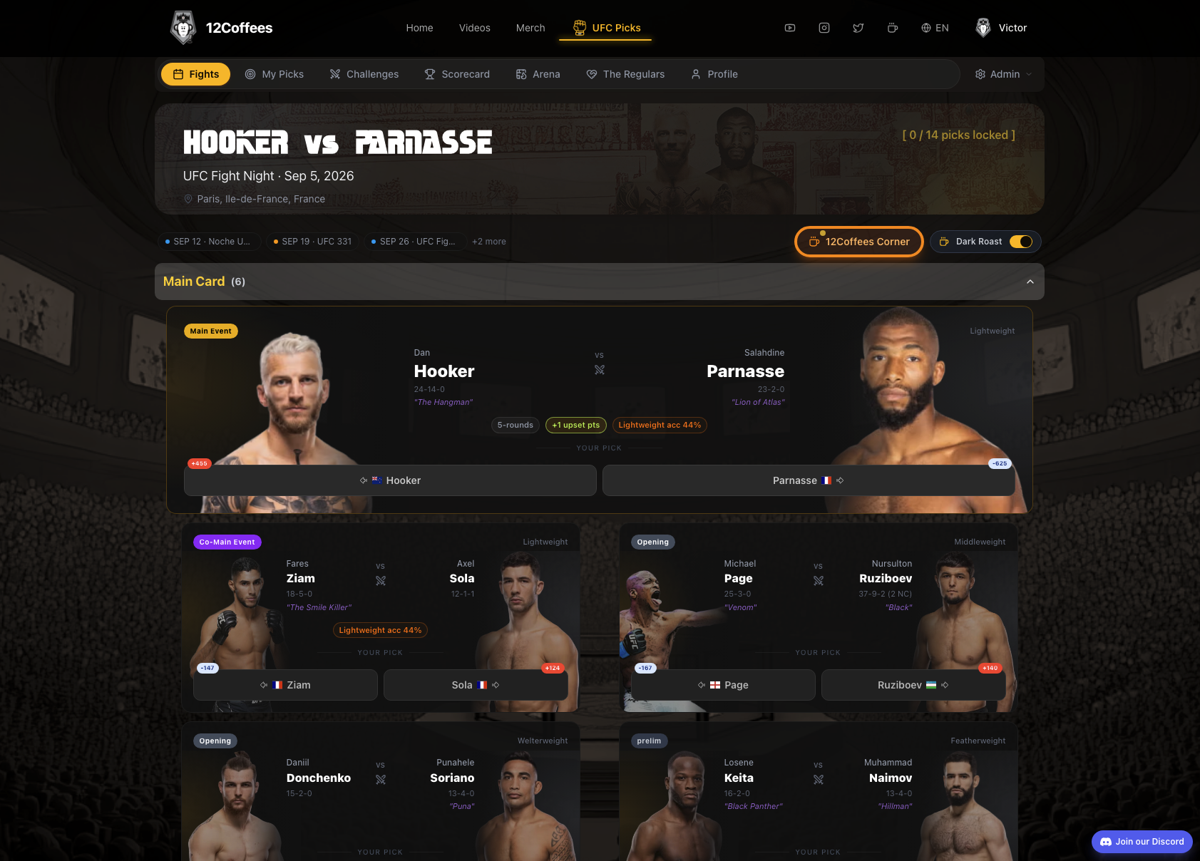 Fights screen showing the upcoming card and pick selection